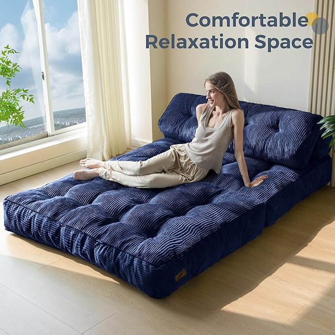 MAXYOYO Folding Sofa Bed, Convertible Chair with Pillow Foldable Couch with Back Support, Portable Fold Out Chair Bed Comfy Floor Sofa Lounge for Living Room Bedroom, Navy Double