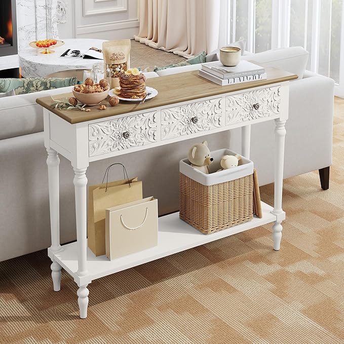 3More Entryway Console Table with 3 Drawers,42" Carved Hallway Table with Open Shelf,Long Sofa Table for Living Room, Hallway, Behind Couch,White
