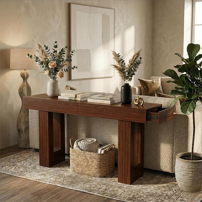 FURSUN 63" Console Table with 2 Drawers, Slim Entryway Table for Hallway, Narrow Sofa Table Behind Couch, Farmhouse Long Wood Accent Table for Foyer & Living Room, Dark Walnut