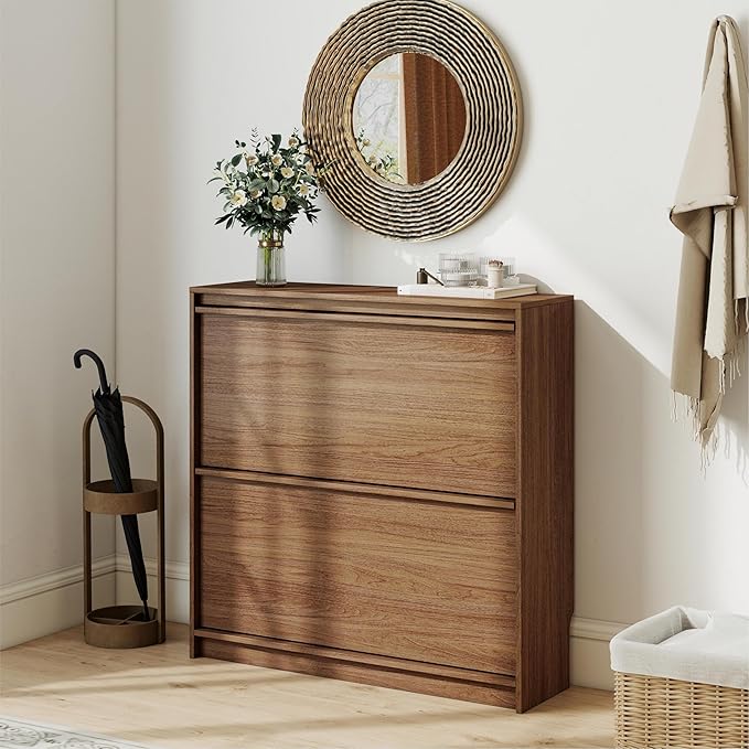 Shoe Cabinet with 2 Flip Drawers, Modern Narrow Shoe Storage Cabinet Organizer with Adjustable Shelf, Hidden Freestanding Shoe Rack for Entryway, Hallway, Living Room, Walnut