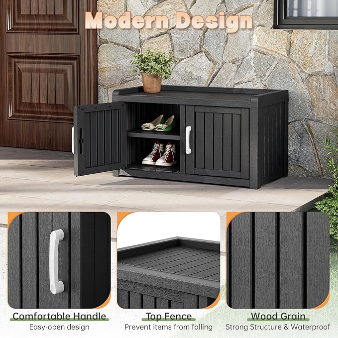 KAMABOKO Outdoor Shoe Storage Cabinet, Waterproof UV-Resistant Entryway Storage Bench Indoor Outdoor with 2 Barn Doors, Adjustable Shelves for Entryway, Bedroom, Hallway,Living Room(Jet Black)