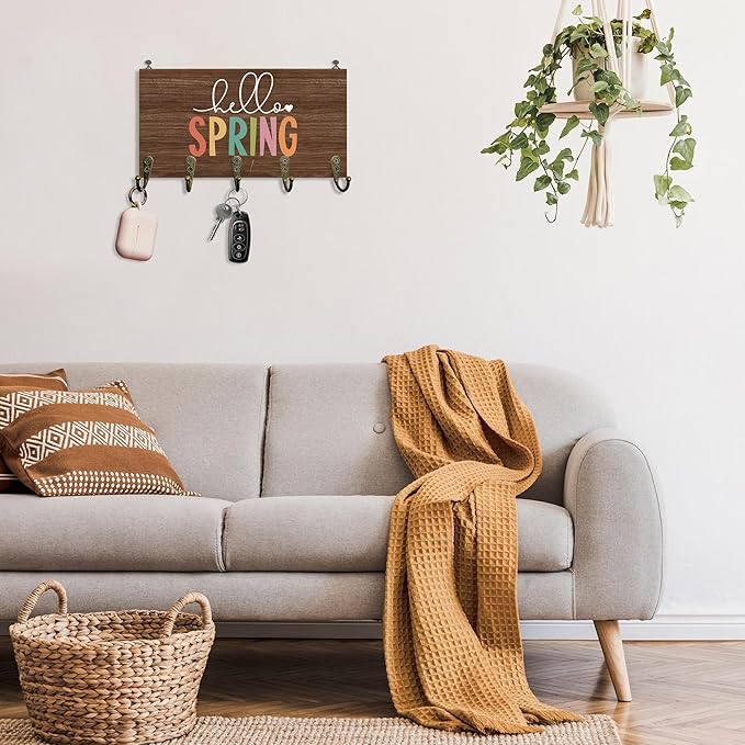 Rustic Spring Key Holder for Wall 10"x5.12", SeasonalSpring Key Hanger Wall Mount, Colorful Hello Spring Farmhouse Dark Brown Wooden Hanging Keys Holder Decor for Entryway Front Door（5 Hooks）