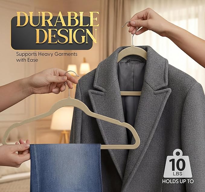 Beddora Velvet Hangers 50-Pack,Beige Non-Slip Slim Space-Saving Closet Organizer, Suit & Coat Hangers, Heavy-Duty, 360° Swivel Hook
