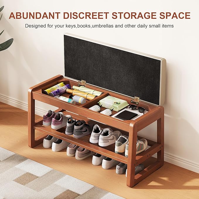 PETKABOO Shoe Bench Storage Rubberwood with Leather Cushion 31.5", Waterproof Easy to Clean 550LBS Organizer Shoe Rack for Entryway, Hallway, Mudroom, Front Door