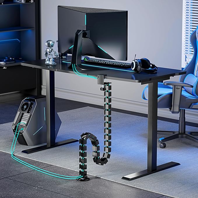 PEGZONE Under Desk Cable Management Spine – Flexible Cable Snake Organizer for Standing Desk, No Drill Clamp-on Vertebrae Wire Management for 0.4"-2" Table, Black