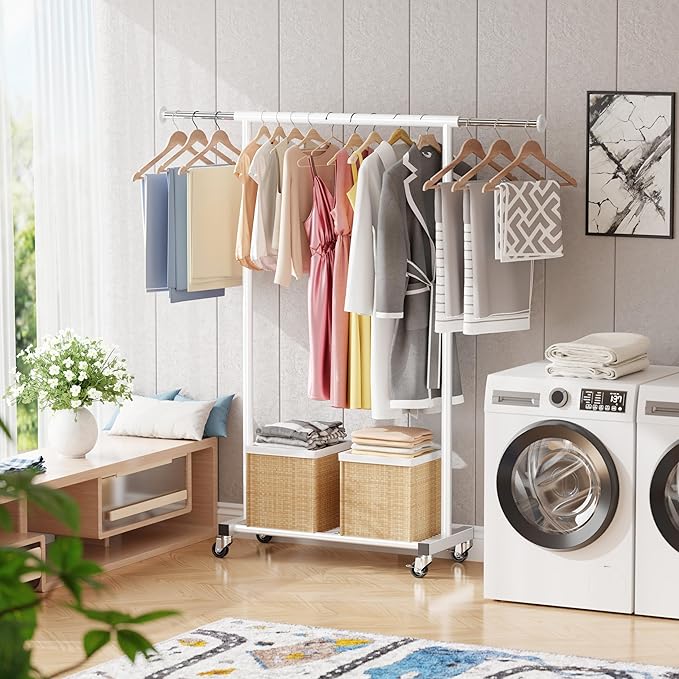 Standard Clothes Rack, Rolling 50“L Clothing Garment Rack with Mesh Shelves on Wheels, Adjustable Portable Wardrobe Rack for Bedroom, Laundry Room, White