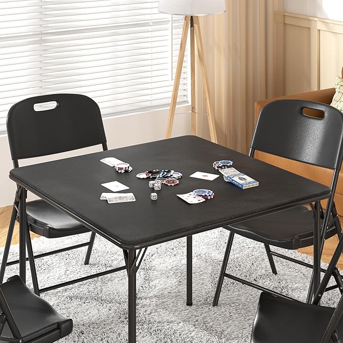 VECELO 5-Piece Folding Card Table Square and Chair Set with Collapsible Legs & Vinyl Upholstery,Portable for Indoor & Outdoor, Black & Dark Grey