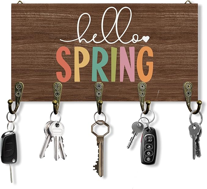 Rustic Spring Key Holder for Wall 10"x5.12", SeasonalSpring Key Hanger Wall Mount, Colorful Hello Spring Farmhouse Dark Brown Wooden Hanging Keys Holder Decor for Entryway Front Door（5 Hooks）