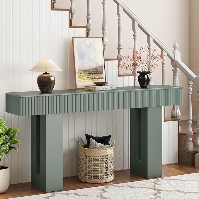 63-Inch Long Entryway Console Table with a Fluted Design, Thick Wood Farmhouse Sofa Table Behind Couch, Narrow Hallway Accent Table for Living Room, Foyer, Entrance,Green