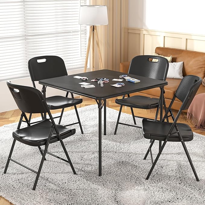 VECELO 5-Piece Folding Card Table Square and Chair Set with Collapsible Legs & Vinyl Upholstery,Portable for Indoor & Outdoor, Black & Dark Grey