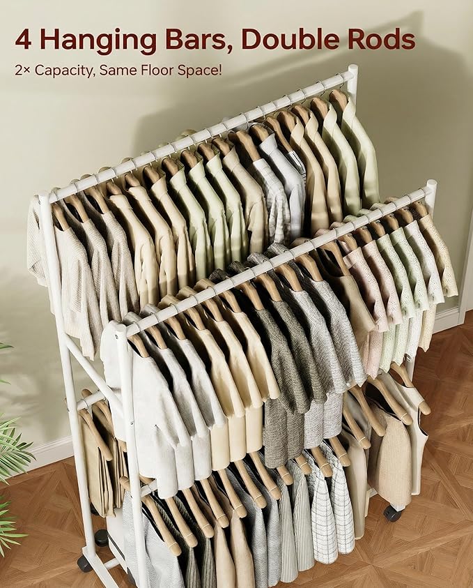 Clothes Rack 36.2" x 21.3" x 72", 4-Bar Double Rod Rolling Metal Clothing Rack for Hanging Clothes, Portable Garment Rack with Wheels for Bedroom Laundry, Closet Wardrobe, White