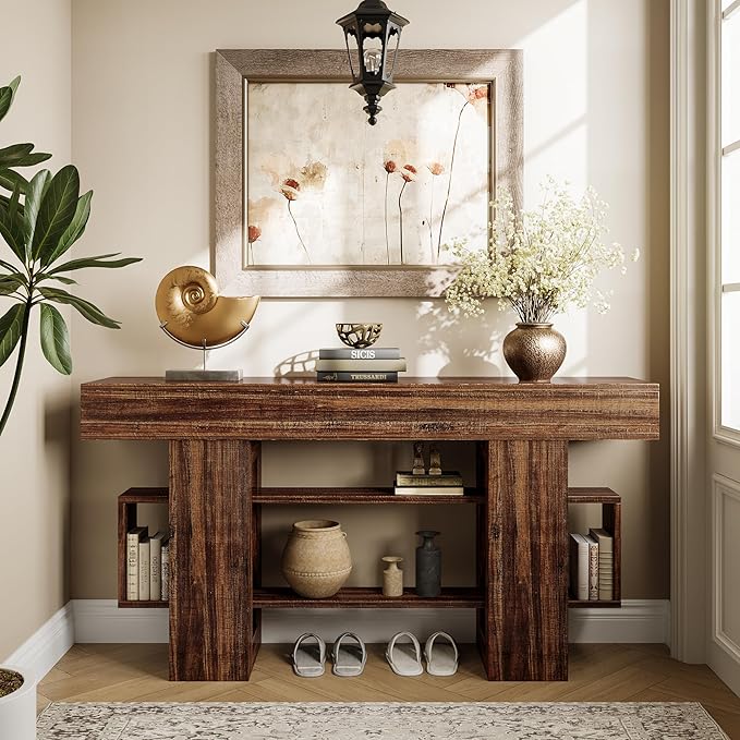 Einhomn 63 Inches Entryway Table, Wooden Console Table with Storage, Narrow Sofa Table Behind Couch, Farmhouse Long Entry Hallway Tables for Entrance, Foyer, Living Room, Rustic Brown