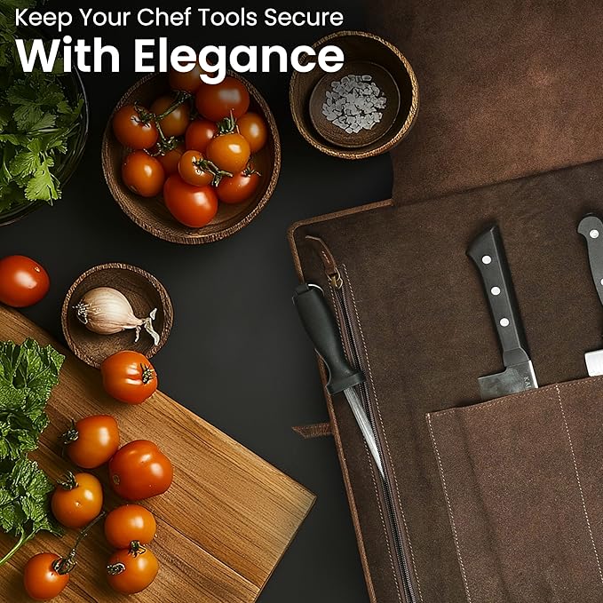 LEATHER VILLAGE Genuine Leather Knife Roll Bag – Professional Chef Carrying Case, Durable Sheath Holder, Cooks & Culinary Tools Organizer, Portable Travel Storage with 4 Slots & Zipper - Cherry