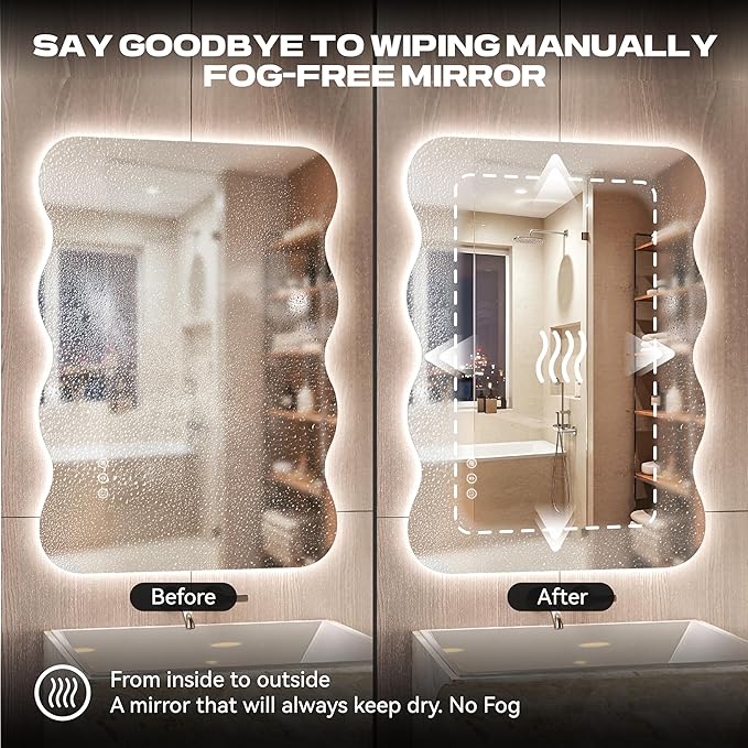 Hasipu Wavy Full Length Mirror with Lights - 28"×20" LED Wavy Floor Mirror, Frameless, Dimmable, Standing or Vertical/Horizontal Wall-Mounted Mirror for Bedroom, Living Room, Cloakroom