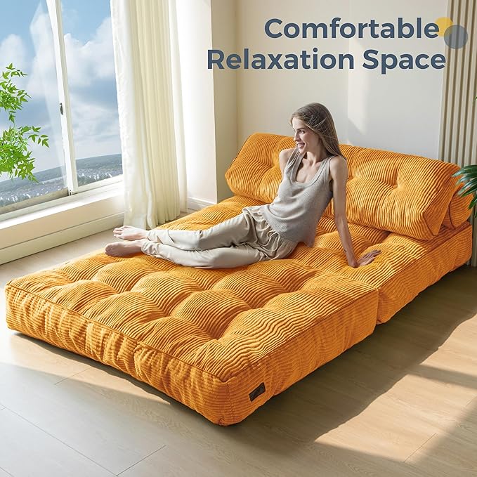 MAXYOYO Folding Sofa Bed, Convertible Chair with Pillow Foldable Couch with Back Support, Portable Fold Out Chair Bed Comfy Floor Sofa Lounge for Living Room Bedroom, Orange Double