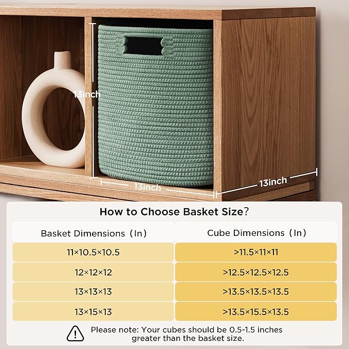 UBBCARE Set of 4 Storage Basket-13 X 13 X 13 In, Cotton Rope Basket for Shelves, Toys, Book, Cube Storage Bins with Handles, Woven Storage Basket for Organizing, Green