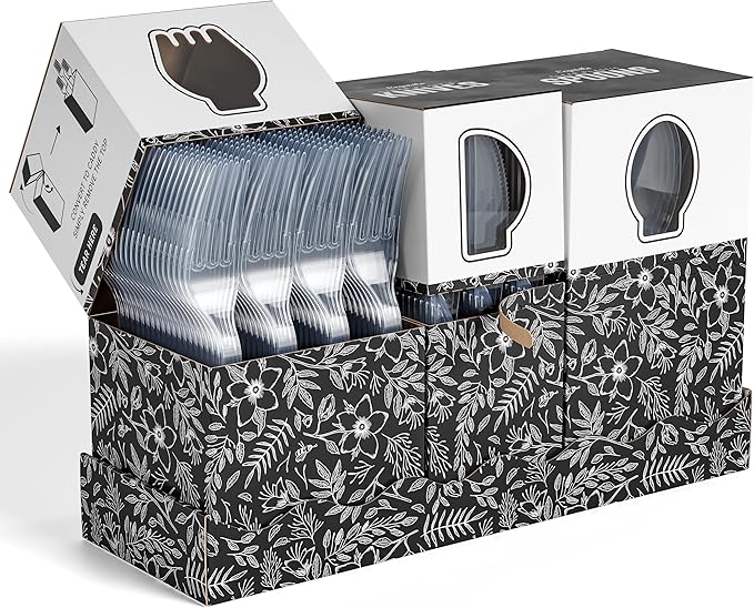 Exquisite Utensil Caddy Organizer with Clear Plastic Forks and Spoons & Knives Floral Kitchen Utensil Holder for Party with 3 x 100 Plastic Spoons and Forks Disposable Knives Clear Cutlery Set