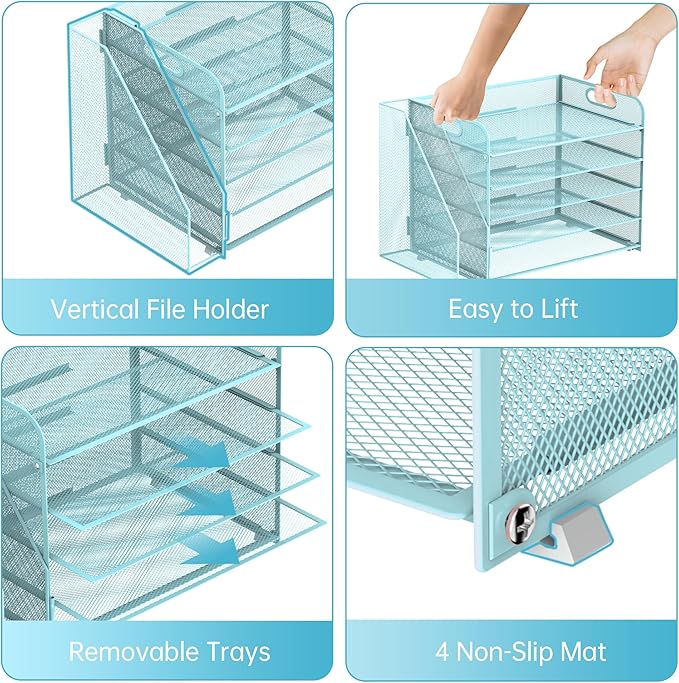 SUPEASY 5-Tier Desk Organizer with File Holder, Desk Organizers and Accessories, Paper Organizer for Desk, Mesh Desktop File Organizer, Workspace Organizers for Office School Home, Blue
