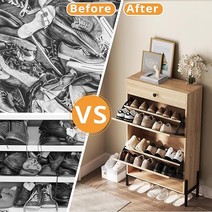 IRONCK Shoe Cabinet with 2 Flip Drawers, Shoe Storage Cabinet for Entryway, Free Standing Shoe Storage Organizer with Rattan Doors Slim Narrow Shoe Rack Cabinet, Oak