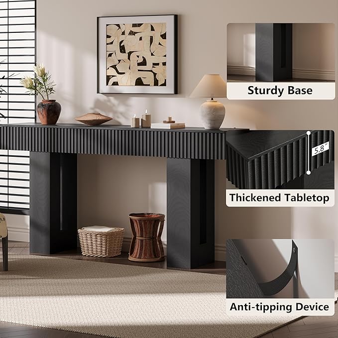 60-Inch Long Entryway Table with Built-in Power Outlet and App & Button-Controlled RGB Light, Thick Wood Farmhouse Console Table for Behind Sofa, Narrow Hallway, Living Room, Foyer, Entrance, Black