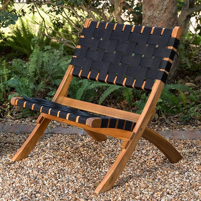 Balkene Home 62774 Sava Indoor Outdoor Folding Chair Low Slung Portable Seating Solid Acacia Wood Woven Seat & Back Indoors Porch Lawn Garden Fishing Sporting - Black Webbing