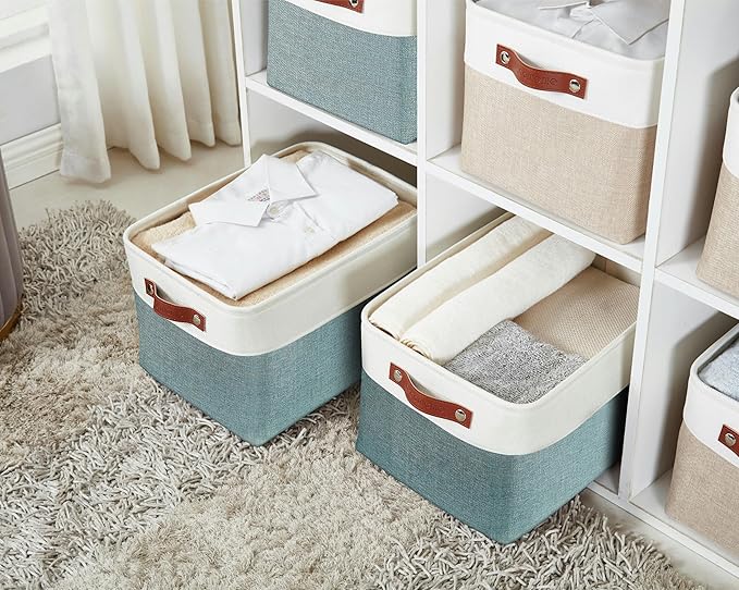 DECOMOMO Storage Bins, Large Fabric Storage Baskets for Shelves, Decorative Linen Closet Organizer, 15 x 11 x 9.5 inches (Green & White, 4 Pack)