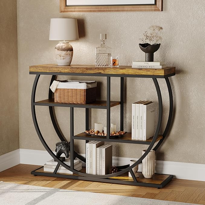 Garvee Entryway Table with Storage, Industrial 4-Tier Narrow Console Table Behind Couch with Half-Circle Base & Storage Shelves for Living Room, Hallway, Foyer