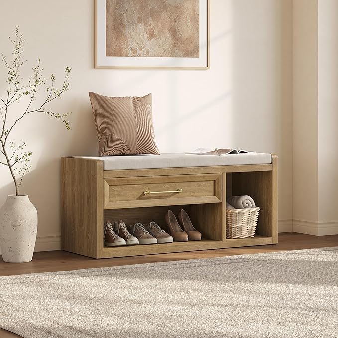 SICOTAS Shoe Benches with Storage Set of 2, Farmhouse 86.6" Extra Wide Entryway Benches with Cushion, Drawer & Tall Boot Shelf, 18.9" Comfort Height Seat for Hallway Bedroom Mudroom,Brown Oak