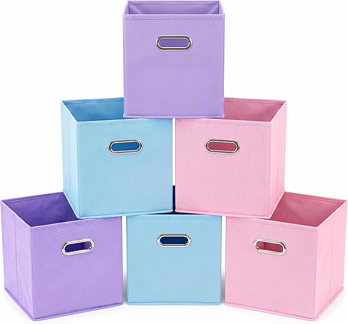 6 Pack Storage Bins, 10.4 x 10.4 x 11 Inch Foldable Fabric Storage Cubes with Metal Handles for Shelves, Closet, Clothes, Toy(Multicolor)