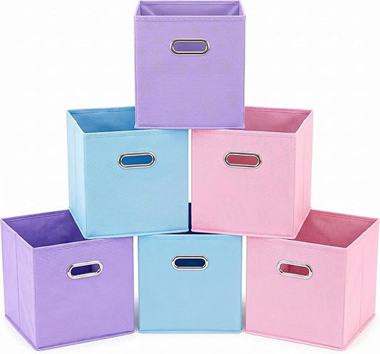 6 Pack Storage Bins, 10.4 x 10.4 x 11 Inch Foldable Fabric Storage Cubes with Metal Handles for Shelves, Closet, Clothes, Toy(Multicolor)