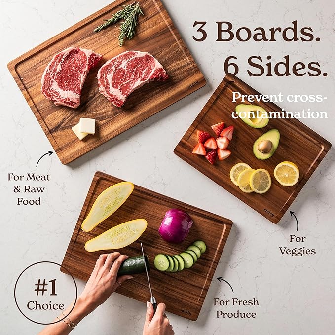 SMIRLY Wood Cutting Boards for Kitchen - Walnut Cutting Board with Handle and Juice Groove for Meal Prep, Serving, Charcuterie - Kitchen Gadgets, House Warming Gifts - Wooden Chopping Board Set of 3