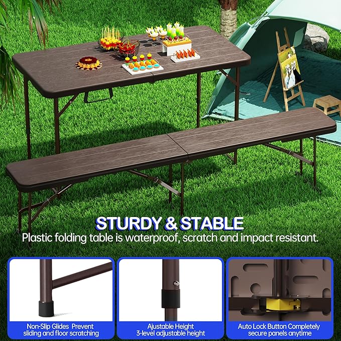 VSOAEIL Folding Table 4 Foot for Indoor Outdoor, Portable Heavy Duty Fold-in-Half Utility Small Plastic Adjustable Height Folding with Carrying Handle for Picnic Camping and Party, Brown