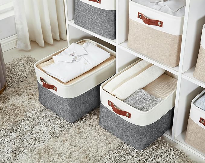 DECOMOMO Storage Bins, Large Fabric Storage Baskets for Shelves, Decorative Linen Closet Organizer, 15 x 11 x 9.5 inches (Slate Grey & White, 3 Pack)