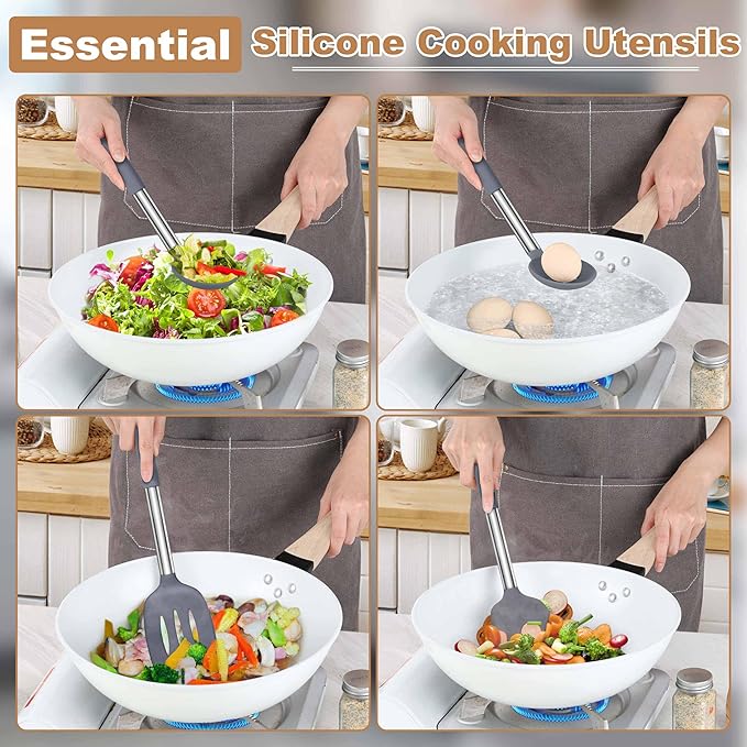 LIANYU Silicone Cooking Utensil Set, 4Pcs Heat Resistant Kitchen Utensils Set, Non-stick Stainless Steel Handle Spatula Tools, Dishwasher Safe, Grey