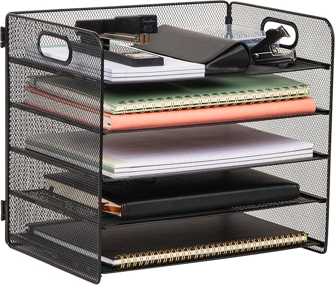Mind Reader 5 Tier Paper Tray Desktop Organizer, Removable Shelves, Cut-Out Handles, Tool-Free Assembly, Metal Mesh, Black