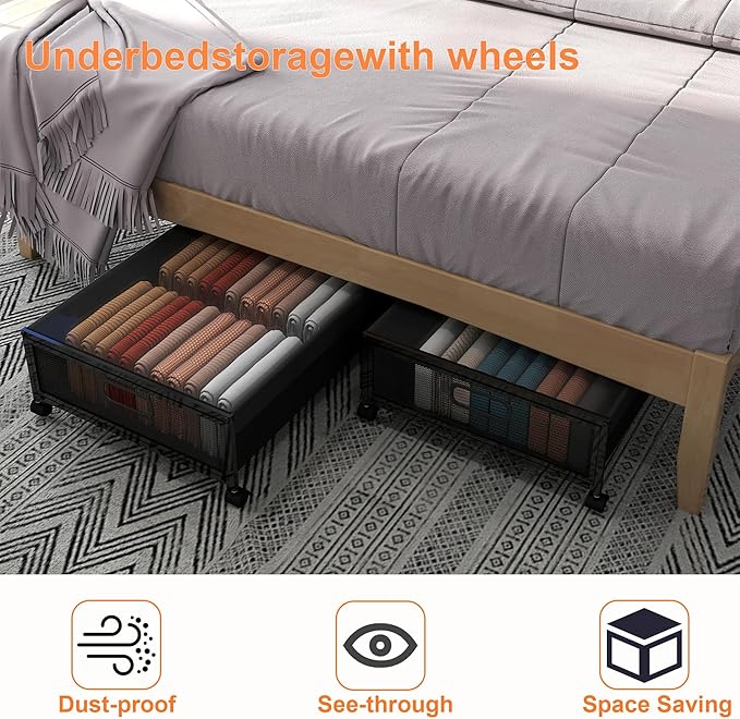 Under Bed Storage with Wheels, Rolling Underbed Storage Organizer, Heavy Duty Under Bed Storage for Clothes, Blankets and Bedding, Low Profile Underbed Container, Black
