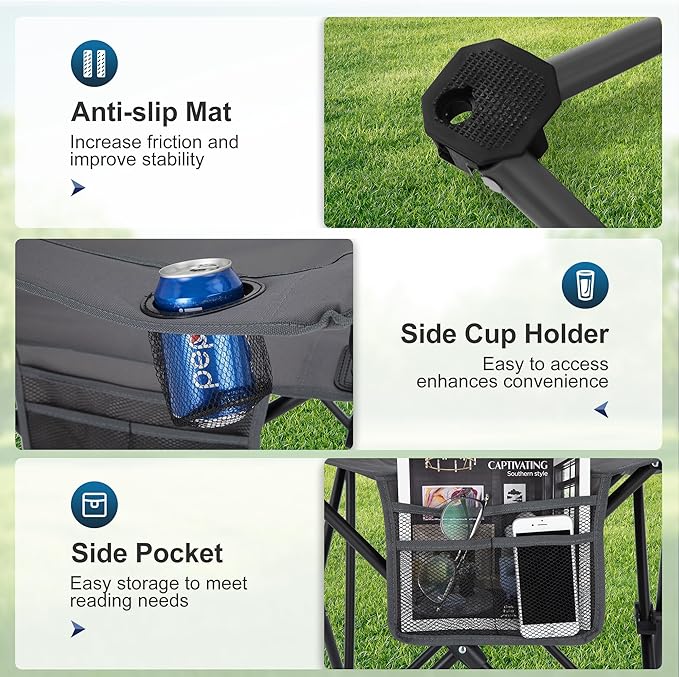 LET'S CAMP Camping Chair 2 Pack Folding Chair with 4-Can Cooler Bag Portable Lawn Chair with Cup Holder,Storage Pocket, Supports 250LBS, Collapsible Chair for Camp, Beach, Picnic (Grey)