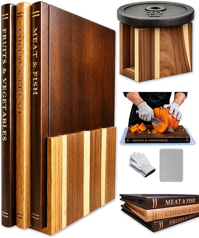 Acacia Wood Book Cutting Board Set with Stand, Wooden Cutting Boards That Look Like Books for Hands-Free Recipe Viewing, Beginner Cooking, Breakfast Prep, Family Meals & Housewarming Gift