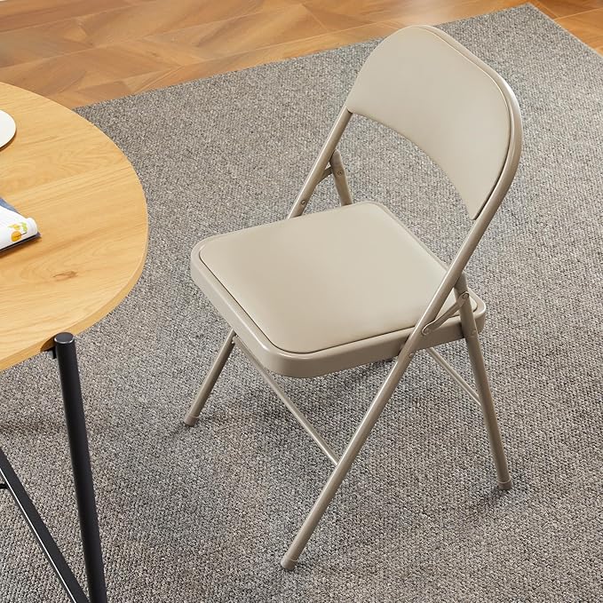 DUMOS 10 Pack Leather Padded Folding Chair, Indoor Outdoor Portable Stackable Commercial Seat with Steel Frame, Capacity for Home, Office, Party, Comfy, Kahki