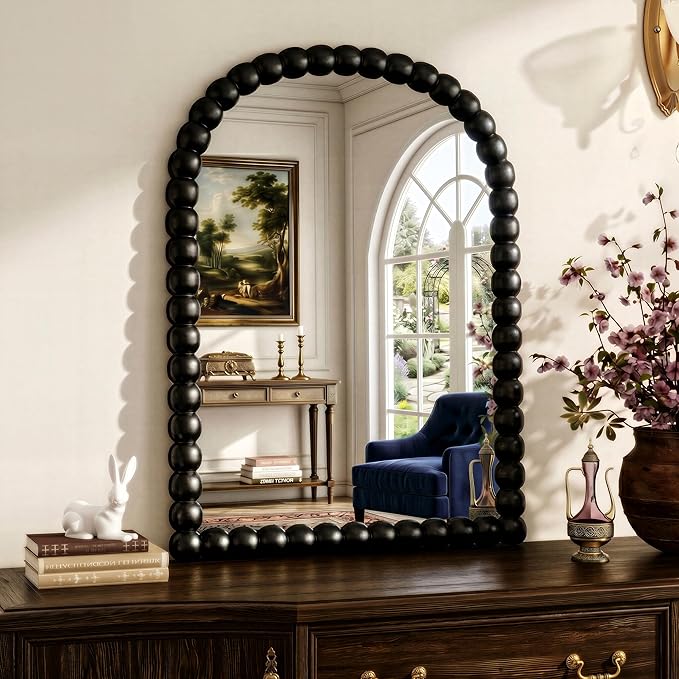 22"×30" Black Arched Bathroom Vanity Mirror, Vintage Beaded Decorative Wall Mounted Makeup Mirror, as Wall Decor Hanging Leaning for Fireplace Mantle, Living Room, Bedroom, Vanity Area