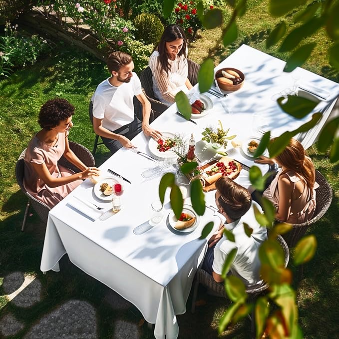 WEALUXE White Table Cloth for 6 Foot Rectangle Tables, 60x102 inches, Water, Stain and Wrinkle Resistant, 200 GSM Washable Poly Fabric Tablecloth Rectangular, Elegant and Durable