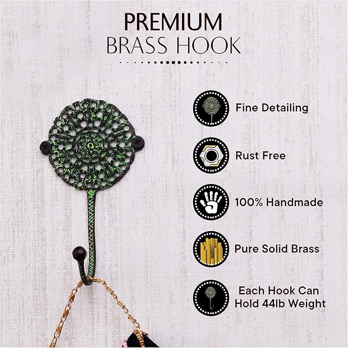 Indian Shelf 33 Lb. 3 Pack Brass Antique Wall Hooks Vintage Farmhouse Style Decorative Coat Rack for Hanging Clothes and Accessories Wall Mounted Hooks