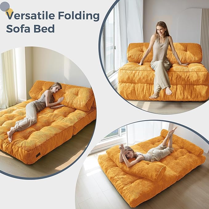 MAXYOYO Folding Sofa Bed, Convertible Chair with Pillow Foldable Couch with Back Support, Portable Fold Out Chair Bed Comfy Floor Sofa Lounge for Living Room Bedroom, Orange Double