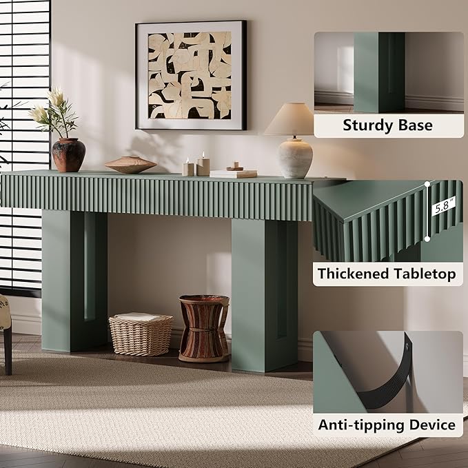 63-Inch Long Entryway Console Table with a Fluted Design, Thick Wood Farmhouse Sofa Table Behind Couch, Narrow Hallway Accent Table for Living Room, Foyer, Entrance,Green