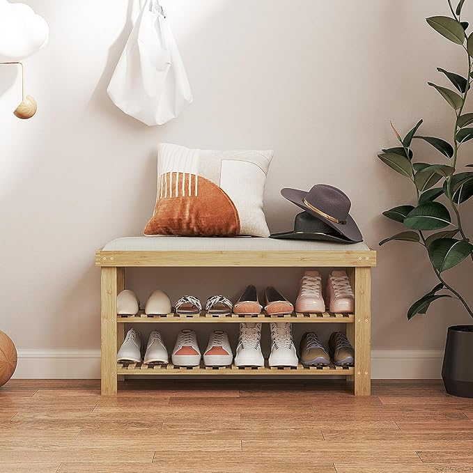 HOMCOM Bamboo Shoe Bench, 3-Tier Entryway Bench with Storage and Cushion, Shoe Organizer for Entryway, Hallway, Holds Up to 331 lbs, 35.4 x 11.4 x 19.3 Inches, Natural