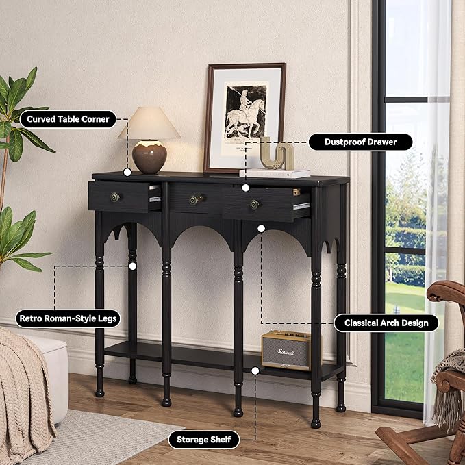 Console Table with 2 Drawers & Shelf, 40" Mid-Century Modern Entryway Table, Retro 2-Tier Sofa Table, Wooden Accent Table for Living Room, Hallway, Brown