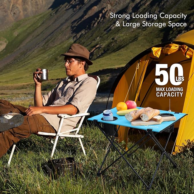 VILLEY Folding Camping Table, Lightweight Portable Beach Table with 2 Cup Holders & Carry Bag for Camping, Beach, Fishing, Travel, and Outdoor Activities(Small)