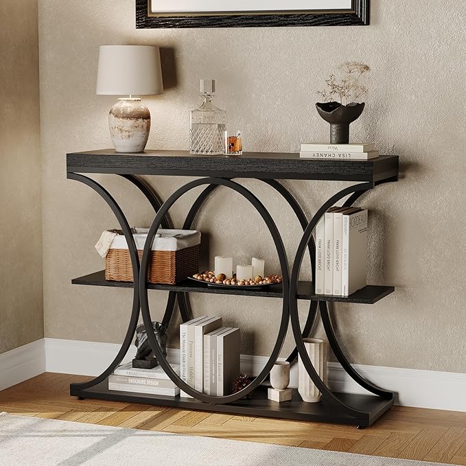 Garvee 39" Narrow Console Tables for Entryway, Industrial 3-Tier Sofa Table with Round Metal Base and Storage Shelves for Living Room, Hallway, Foyer, Black Wood Grain