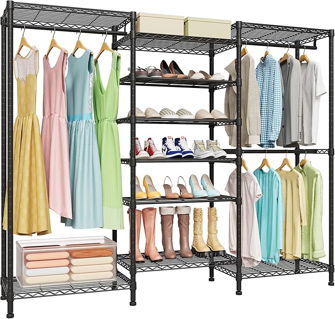 Higeego H12 Heavy Duty Clothes Rack with Adjustable 5-Tier Shoe Rack, Freestanding Clothing Racks for Hanging Clothes, Metal Shoe Organizer Large Closet Racks, 15.7" D x 68.7" W x 76.4" H, Black