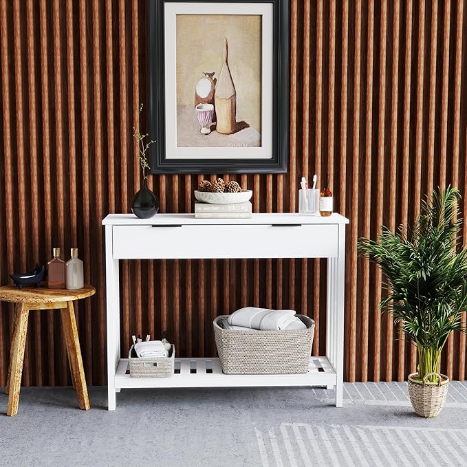 TaoHFE White Narrow Console Table with Drawer Storage Shelf, Modern Wooden Entryway Sofa Table, 39 Inch Slim Behind Couch Table, Side Display Console Table for Living Room,Office,White